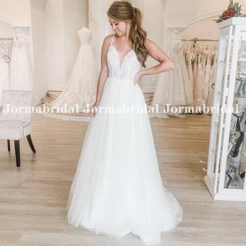 Simplicity Beach Wedding Dresses Illusion Lace Plunging Tulle A-Line Summer Wedding Gown Spaghetti Strap Backless Bridal Dress