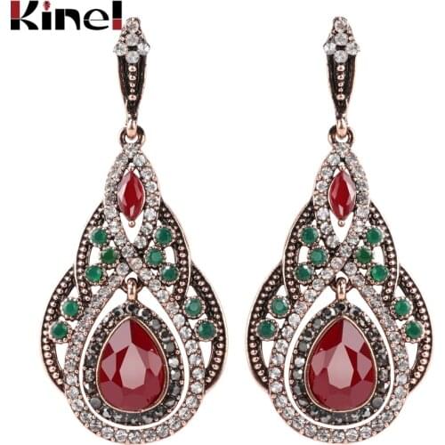 Kinel Big Drop Earrings For Women Bohemia Colorful Resin Crystal Flower Earrings Antique Gold Color Turkish Jewelry Wholesale