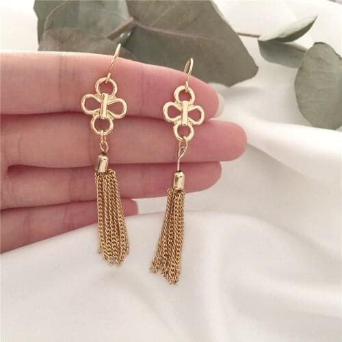 Casual Gold Color Plating Ribbon Knot with Chain Tassel Drop Earrings For Women Bohemia Elegant Vintage Lovely Jewelry