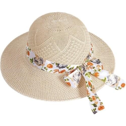 Women Summer Travel Wide Brim Sunscreen Foldable Straw Sun Hat Female Imitation Raffia Bow Flower Breathable Refreshing Cap R60