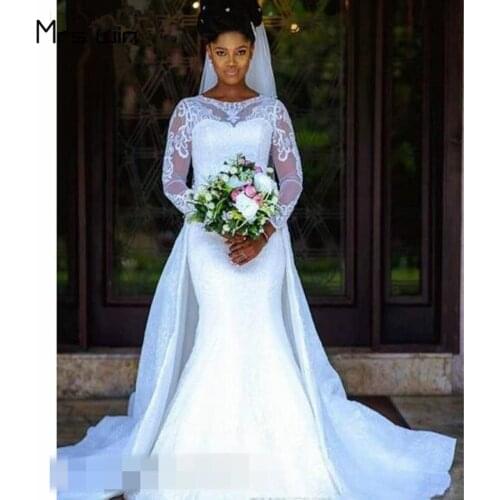 Mrs win Wedding Dress O-neck Mermaid Wedding Dresses Elegant Long Sleeve Vestido De Noiva Plus Size Bridal Ball Gowns HR025