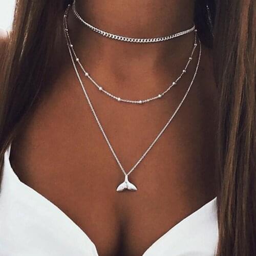 Vintage Multilayer Beads Chains Fish Tail Pendant Necklace for Women Fashion Geometric Clavicle Necklace Jewelry Kolye YN1556