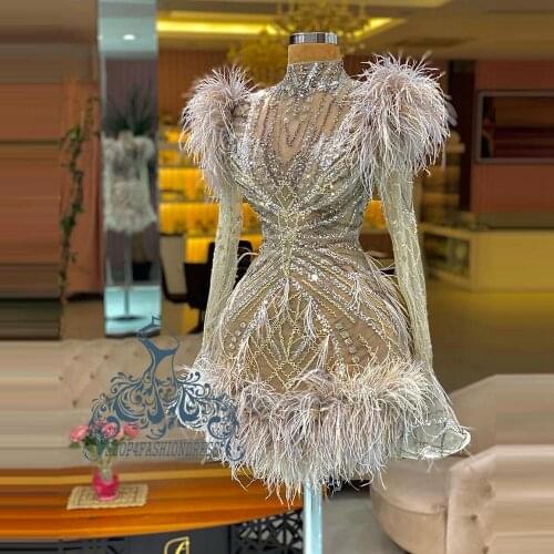 High Quality Luxury Beading Feather Short Cocktail Dresses High Neck See Thru Crystals Homecoming Dress With Long Flare Sleeves