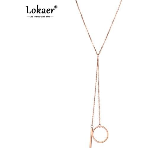 Lokaer Stainless Steel Jewelry Fashion Gift Rose Gold Color Pendant Necklace Strip & Circle Sweater Chain For Women N18248