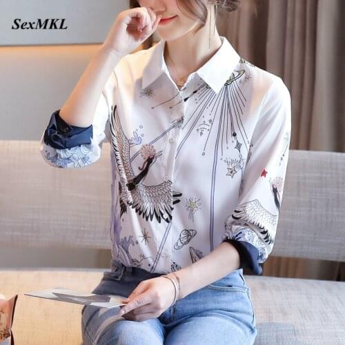 Women Long Sleeve Printed Blouses 2020 Korean Fashion Clothing Sexy Office Chiffon Shirts Elegant Party Slim Vintage Ladies Tops