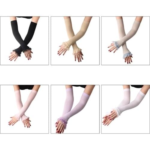 Women UV Protection Fingerless Driving Gloves Ruffles Lace Mesh Patchwork Arm Warmers Sleeves Sunscreen Solid Scar Cover