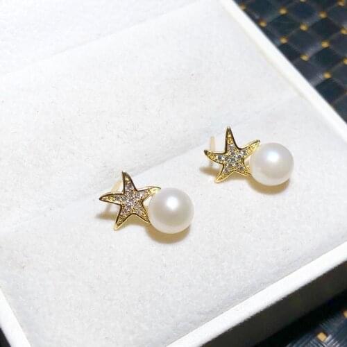 2020 Women Beauty 585 Rose Mixed White Gold Color Natural Pearl Earrings White Cubic Zircon stars Drop Earrings