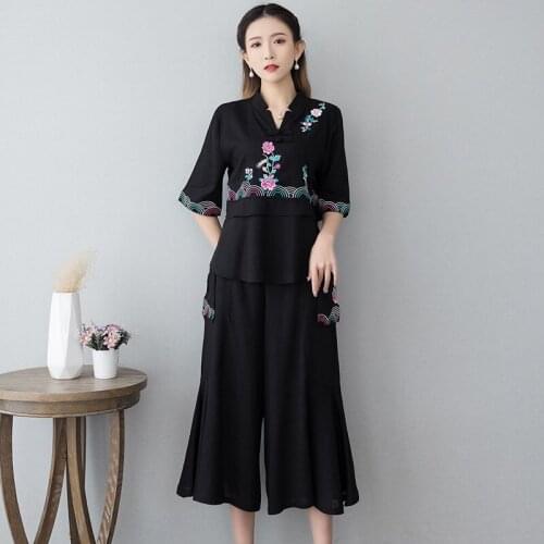 2021 Summer Chinese Style Wide Leg Pants Female Casual Cotton Linen Loose Elastic Waist Capri Pants Cropped Trousers 12304
