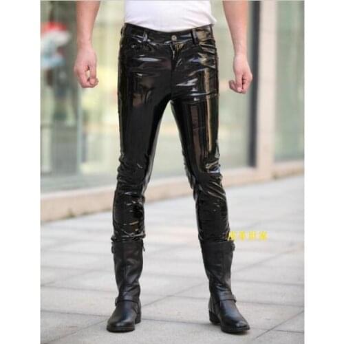 27-37 ! Mens New Dj Fashion Clothing Slim Male Classic Slim The Light Japanned Leather Pants Trousers Singer Costumes
