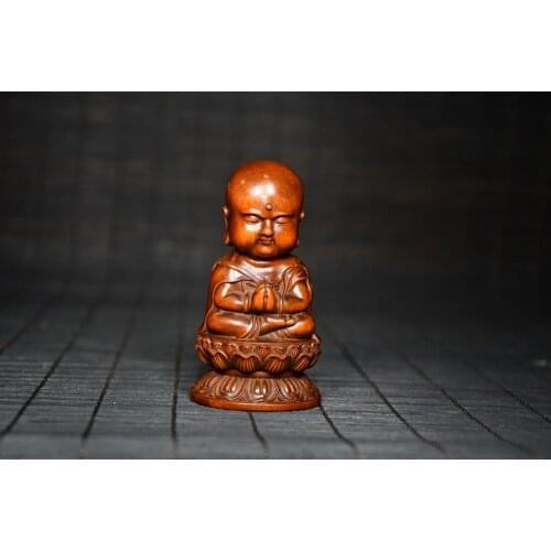 3" China Collection Old Boxwood Little monk buddha statue Carving monk sitting on the lotus stand wood carving Amitabha Buddha