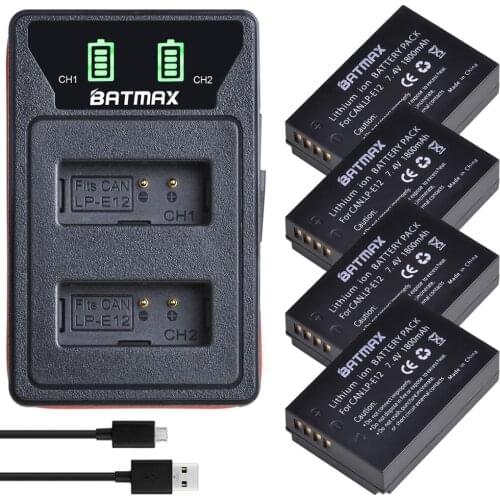 4Pcs 1800mAh LP-E12 LPE12 LP E12 Digital Camera Battery + LED Built-in USB Charger for Canon 100D Kiss X7 SL1 M10 M50