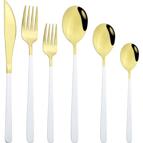 6Pcs White Gold Dinnerware Stainless Steel Cutlery Set Fork Coffee Spoon Knife Tableware Flatware Set Party Kitchen Silverware