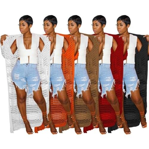 Fishnet Hollow Out See Through Loose Cardigan Women Long Sleeve Plaid Knitted Lace Up Bandage Summer Beach Ankle Length Coat