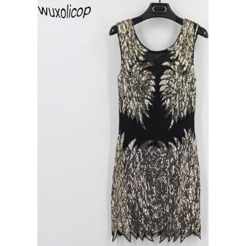 Sparkly Sexy Female V Collar Sleeveless Black Gold Sequin Dress Heavy Beaded Irregular Hem Vintage Party Bodycon Mini Dress