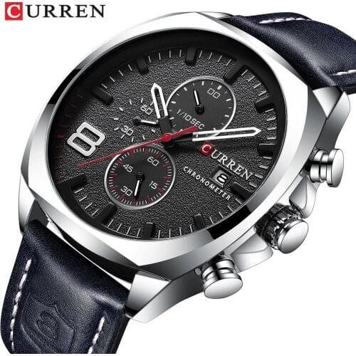 CURREN Men Fashion Watch Classic Black Leather Strap Quartz Wristwatch Multi-function Chronograph Sport Waterproof watch