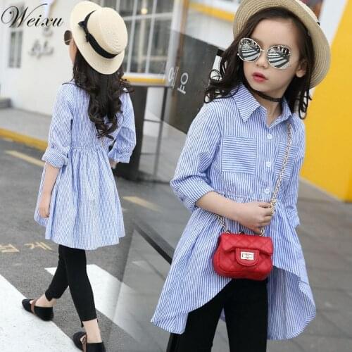 Weixu Kids Girls Irregular Shirt Spring Autumn Blue Long Sleeve Cotton Stripe Swallowtail Hem T Shirts Children Girl Top Clothes
