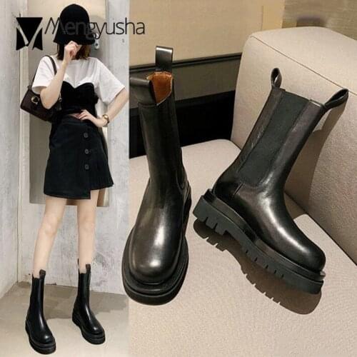 Elastic Band chelsea boots women microfiber leather shoes chunky heels platform boots chic thicken soled riding botas mujer 2020