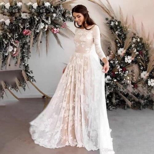 High Neck Champagne/Ivory Lace A-Line 3/4 Sleeves Beach Wedding Dress Elegant Bohemian Lace Open Back Bridal Gowns