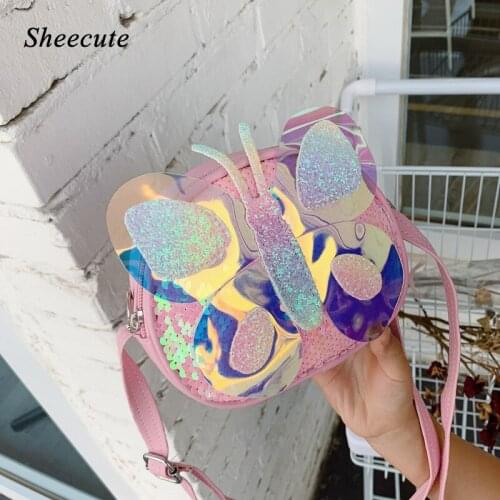 Mini Kids Crossbody Bags Fashion Sequin Leather Kindergarten Children Shoulder Bag Butterfly Coin Purses Cute Girl Messenger Bag