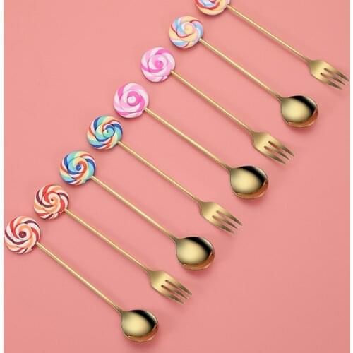 1pc 14cm Lollipop Shape Coffee Spoon 304 Stainless Steel Stirring Sugar Teaspoon Fruit Fork Dessert Scoop Kitchen Tableware