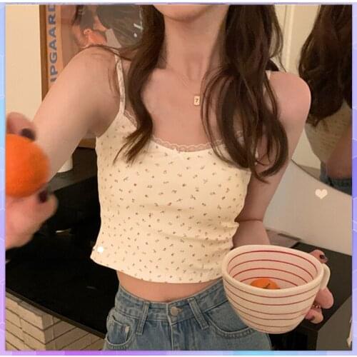 Fashion Sexy Women Summer Casual Sleeveless Crop Top Female Floral Tee Shirt Girl Lace Strap Tank Top Cropped Vest Summer 2021
