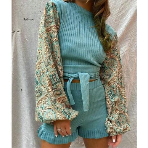 Fashion Women 2 Piece Outfits Patchwork Design Belt Ruffles Decor O-Neck Long Lantern Sleeve Print TOP+Elastic High Waist Shorts