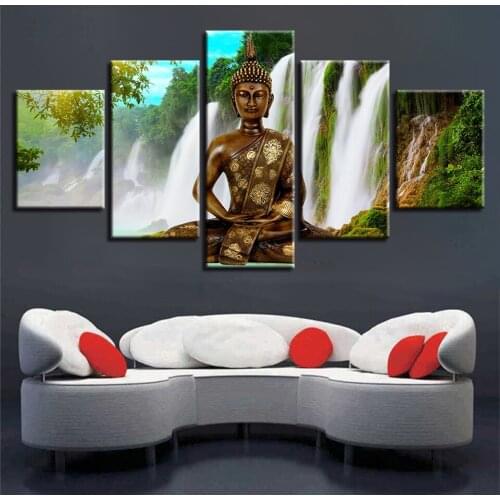 Modular Framed Picture HD Print 5 Pcs Buddha Meditation Waterfall Natural Landscape Canvas Painting Home Wall Art Decor
