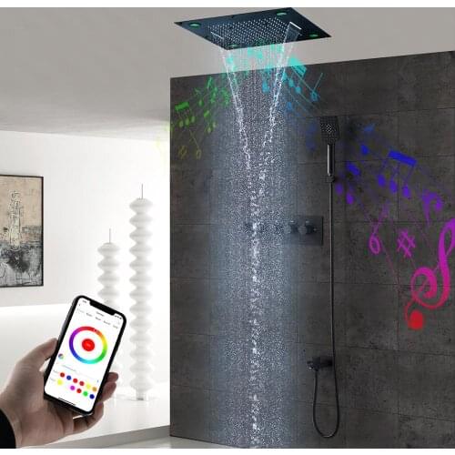 Bluetooth Music Shower Head Bathroom Ceiling LED Shower Set Rainfall Waterfall Black Shower Faucets Thermostatic Concealed Mixer