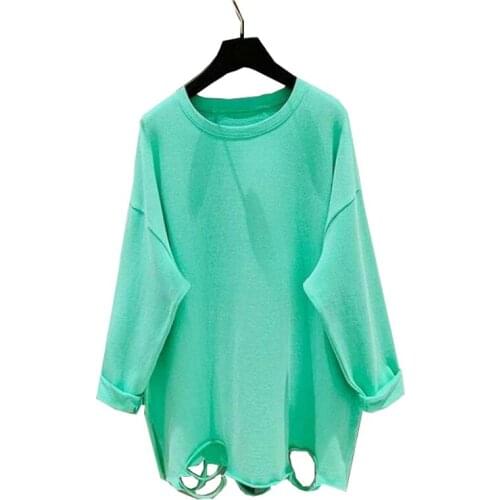 2021 new long Sleeve Women T-shirts Hole Hip Hop Loose Korean Style All-match Students Simple Chic O-neck Bottoming top tide