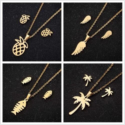 Oly2u Simple Gold Color Pineapple Jewelry Sets Hawaiian Style Beach Coconut Tree Feather Necklaces Earrings Collares