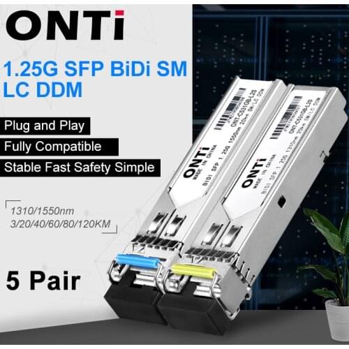 ONTi 5 pair 3KM/20KM Gigabit SM BIDI SFP Module LC Connector Optical Transceiver Compatible with Cisco Fibra Ethernet Switch