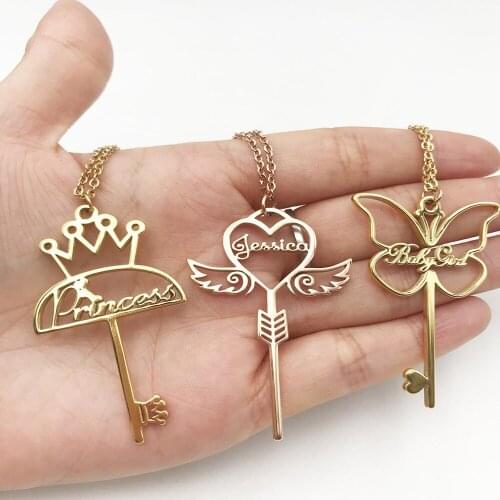HUHUI Custom Name Necklace With Butterfly Crown Personalized Key Pendant Stainless Steel Jewelry For Women Girl Anniversary Gift