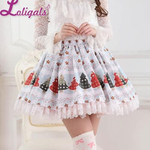 Original Design Sweet Light Blue Christmas Tree and Star Printed Girls Lolita Pleated Skirt with Lace Trimming