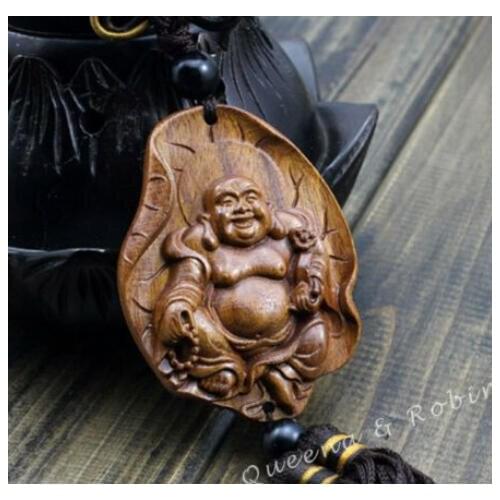 Wood Carving Chinese Lotus Leaf Happy Maitreya Buddha Car Pendant Amulet Craft