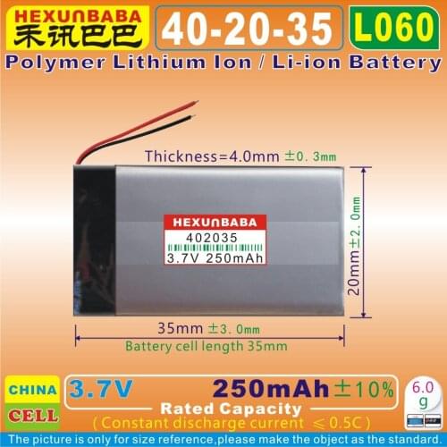 5pcs [L060] 3.7V 250mAh [402035] Polymer lithium ion / Li-ion battery for smart watch,mp4,BLUETOOTH earphone,speaker,GPS,mp3