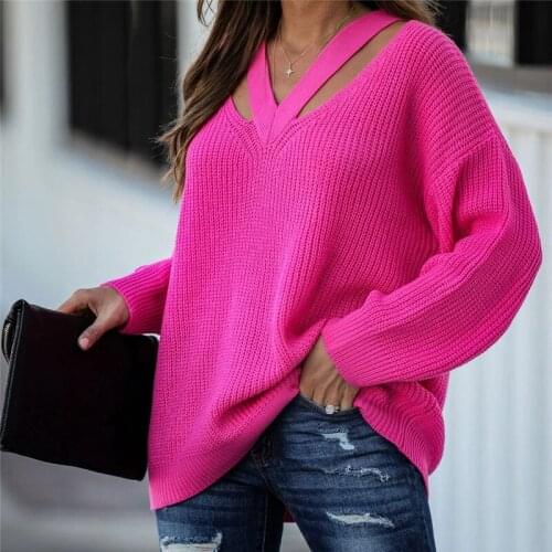 V Neck Casual Women Pulovers Sweaters Boho Holiday Knitwear Sweater Oversize Long Sleeve Solid Jumper Top Winter New