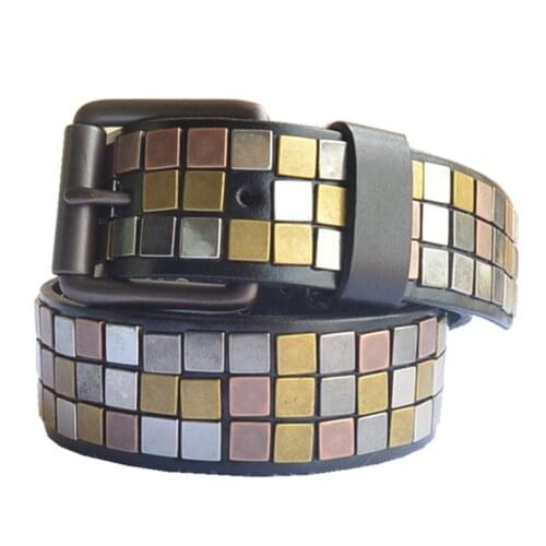 DKBLINGS 3.8cm wide men heavy belt lady square rivets belt top layer leather waist belt Top new natural 100% cow leather