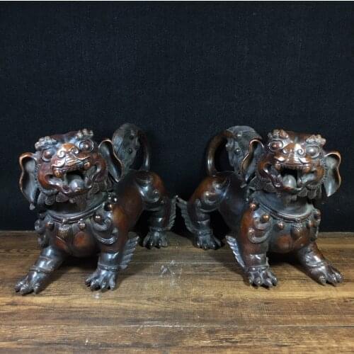 11" Tibet Buddhism Old Bronze Cinnabar Lion statue A pair Unicorn statue Ward off evil spirits Town House Gatekeeper lion