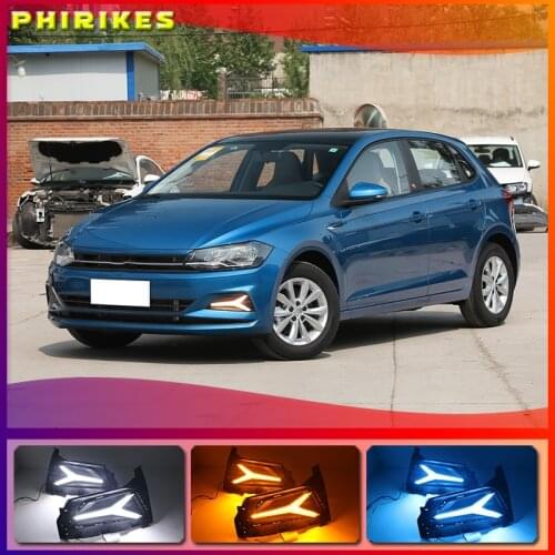2PCS LED Daytime Running Light For For Volkswagen Polo 2018 2019 Dynamic Yellow Turn Signal 12V DRL Fog Lamp Decoration