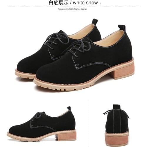 Womens single shoes lace up small leather shoes ladies suede leather retro viscose 3.5cm TPR sole black shoeau