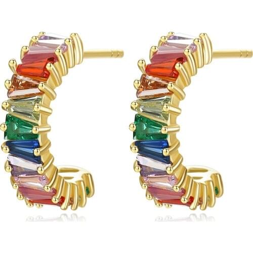 Solid S925 sterling silver gold-plated Earrings inlay colored zircon gemstone fashion women jewelry Ear Studs