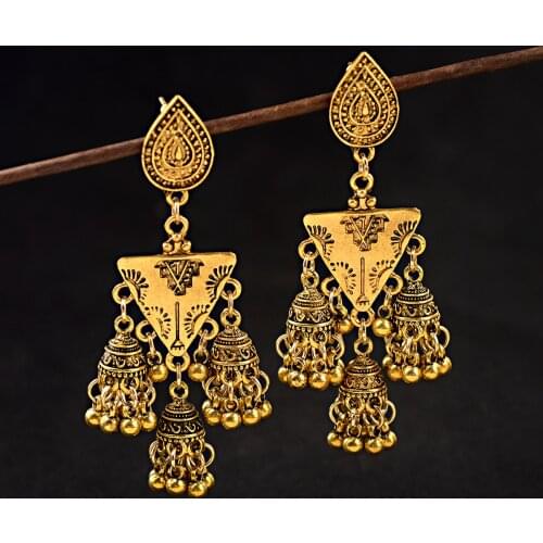 Ethnic Tassel Indian Jhumka Earrings For Women Boho Vintage Hollow Geometric Inverted Triangle Bell Dangle Earrings 2021