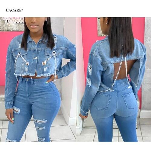 CACARE Fashion Denim Jacket Jeans Women Coat Spring Autumn Wind Breaker Crop Top F0068 with Hollow Outs Chains