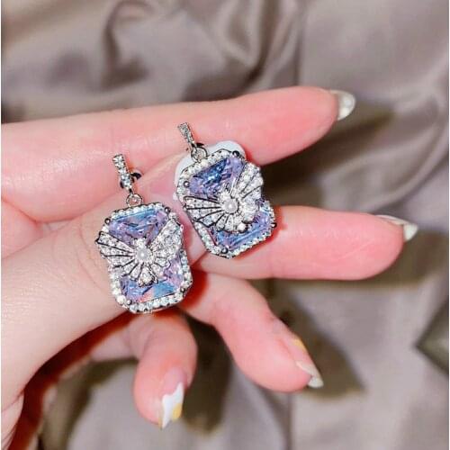 Female Popular fashion Jewelry Elegant Butterfly Earrings Luxury 925 Sterling Silver Square Big Zircon Dangle Drop Earrings