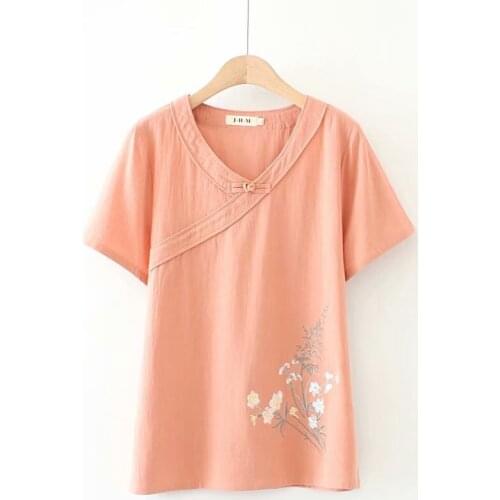 Plus Size XL-4XL Summer Tops Women Floral Embroidered Short Sleeve T-shirts Large Size Vintage V-neck Shirts