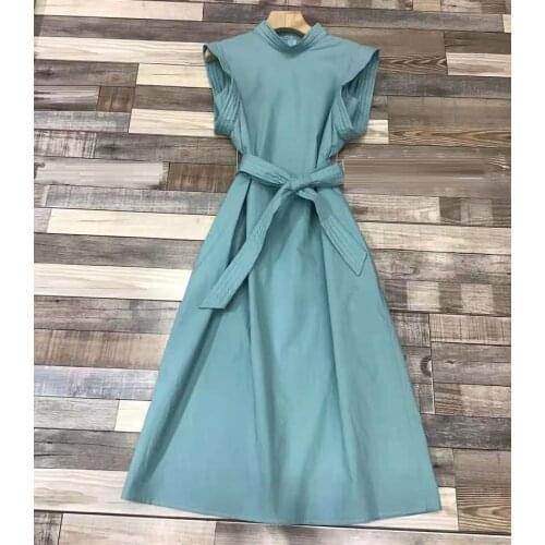 High Quality Long Shirt Dress 2021 Summer Style Women Turn-down Collar Pleated Deco Mid-Calf Green Black Yellow Cotton Dress