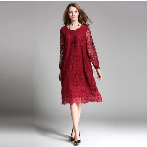 Autumn New Plus Size Lace Dresses Long Sleeve Hollow Lace Elegant Dress O Neck High Waist Womens Clothing Oversized Black Red