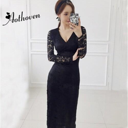 Spring Dresses V Neck Long Sleeves Maxi Women Dress Elegant Office Lady Bandage Sexy Party Bodycon Sheath Lace Dress Vestidos