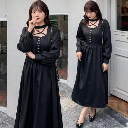 WomenS Spring Round Neck Hollow Solid Color Button Dress Plus Size Calf Length Casual Wear 100 Kg Can Be Worn