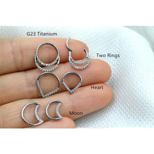 10pcs/Lot G23 Titanium CZ Moon Hearts Seamless Hinged Segment Ring Clicker Ear Cartilage Nose Hoop Septum Shine 16Gx8/10mm